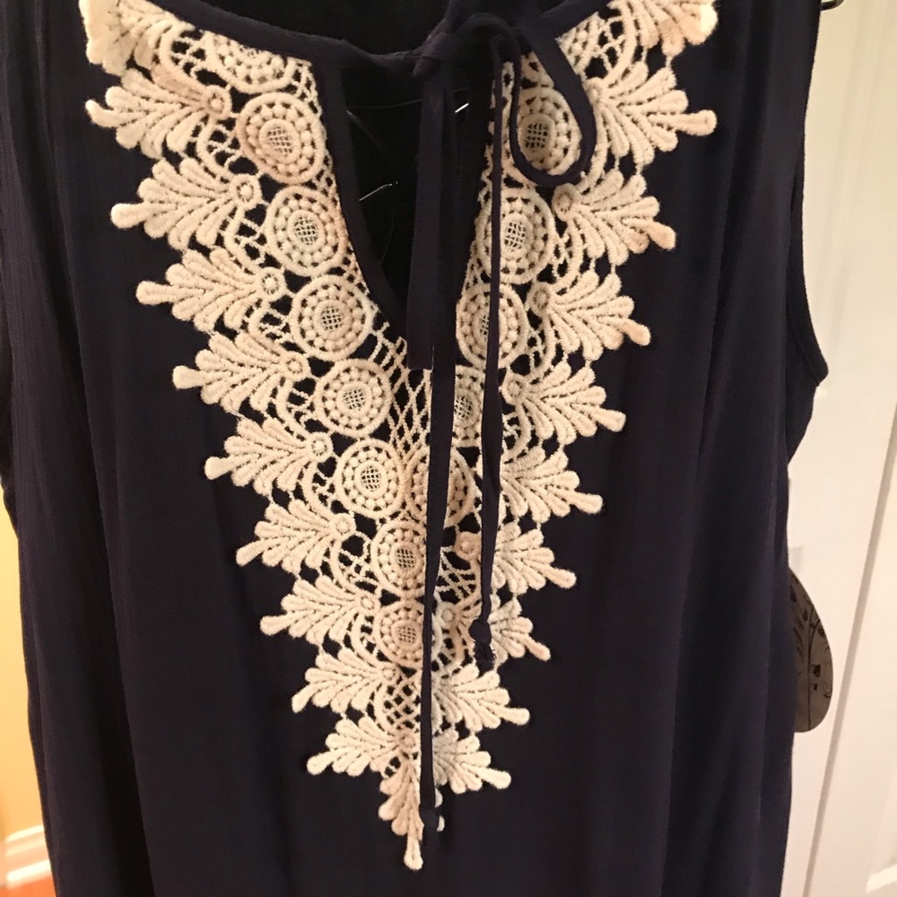 NAIF Navy Midi Dress with Cream Crochet Trim